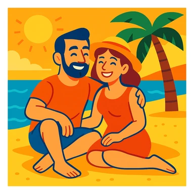 husband and wife sitting together on a sunny beach in Spain, relaxed and happy, with the sea and sand in the background, vibrant colors sticker