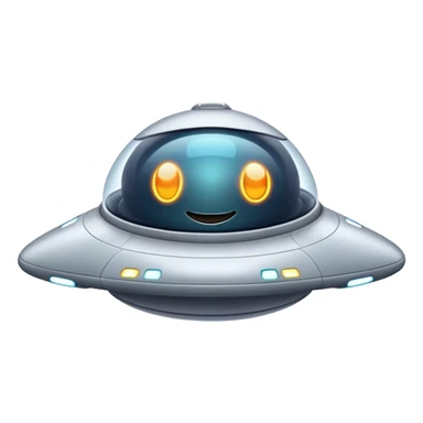 Design a simple, friendly spaceship with a smooth, rounded shape. Add a clear 'face' on the front using glowing lights for eyes and a curved line for a smile, giving it personality. Use a plain background to keep the focus on the ship sticker