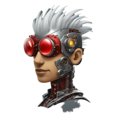cyborg head with Silver mohawk, red steampunk goggles, red goatee and circuits sticker
