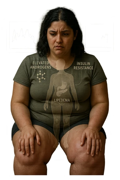 cinematic realistic in italiano Woman with PCOS struggling with hormonal chaos, transparent overlay showing elevated androgens and insulin resistance affecting her body, lipedema causing disproportionate fat accumulation in legs and arms despite normal torso, expression of frustration with unexplained weight gain, medical charts showing complex endocrine dysfunction, painful swollen limbs contrasting with metabolic confusion in italiano sticker