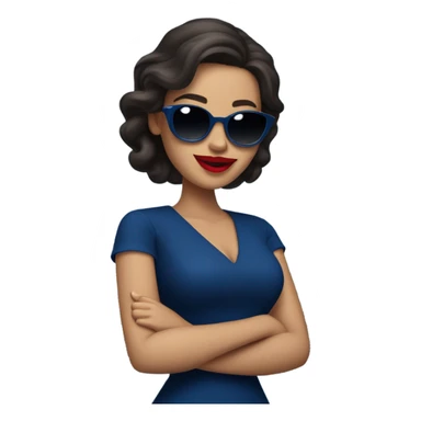 
brunette in dark blue sunglasses, with red lips and in a dark blue dress shows a thumbs up sticker