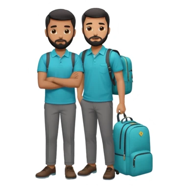 man with black short male hair and black hair and beard and hes in a office with his grey backpack on the floor and he has a tourquose polo shrit with gre dress pants and hes working at a hotel sticker