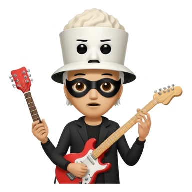 guitarist wearing a white bucket on his head, with two eye holes, a blank expression, and a small theatrical mask on the bucket. He’s holding an electric guitar, dressed in a simple black outfit, giving off a mysterious but playful rock legend vibe, kfc bucket on his head sticker