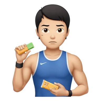 A asian male athlete holding a protein bar and frowning deeply sticker