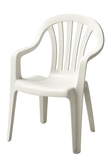 classic molded plastic lawn chair with an arched top roll and five vertical back slats, simple and iconic, white plastic, isolated, clear details sticker