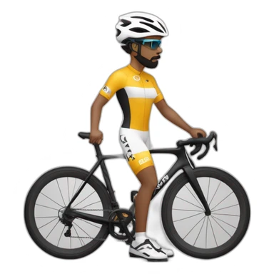 Ciclista de piel morena clara de contextura delgada estatura alta con zapatillas de ruta blancas licras negras y maillot blanco casco blanco y gafas negras con barba negra sticker