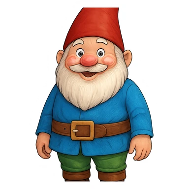 A large gnome in a colorful outfit, standing tall with a cheerful expression sticker
