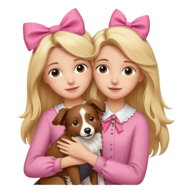 Menina loira fofa de cabelo comprido usando uma blusa rosa e um laço no cabelo abraçando um border collie marrom  sticker