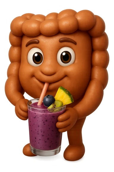EMOJI STILE IPHONE DI un intestino umano anatomico che beve un frullato di mirtilli, ananas, kiwi, fagli anche la parte bianca degli occhi, non solo le pupille, REALISTICo 4K sticker