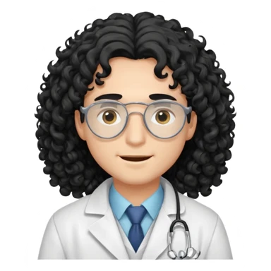 a young male doctor with black long curly hair cover his eyes a little bit and cheerful face sticker