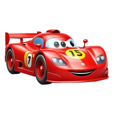 A red toy race car with a happy smiling face on the front sticker