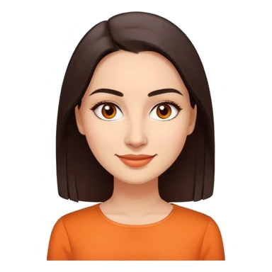 Young woman in her 30s with light skin, oval face, soft features, large dark brown eyes, medium eyebrows, small nose, friendly smile, long straight dark brown hair, wearing an orange elegant blouse sticker