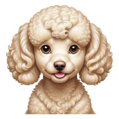 Cinematic Cute Cream Poodle Portrait Emoji, Head tilted playfully and inquisitively, showcasing a bouncy, curly cream Fur with a luminous sheen, round, sparkling warm eyes filled with curiosity, Simplified yet irresistibly adorable features, highly detailed, glowing with a warm, friendly glow, high shine, affectionate and lively, stylized with a touch of whimsy, bright and endearing, soft glowing outline, capturing the essence of a mischievous yet loving companion, so playful it feels like it could bounce out of the screen and into your arms! sticker