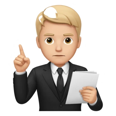A white man in a black suit stands with a serious face and points at his hand holding papers. sticker