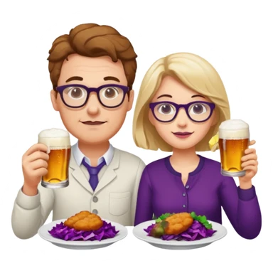 German man with glasses and woman with glasses eating schnitzel, red cabbage, potatoes, and drinking a beer sticker