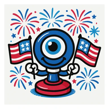 Recolor the webcam and festive elements using only the colors of the American flag: red, white, and blue, while maintaining a cheerful and festive style. sticker