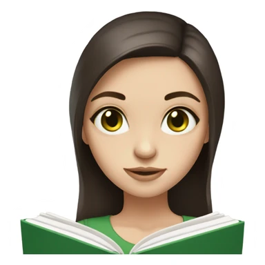 Girl with green eyes, shoulder length dark brown hair, pale skin, reading a book  sticker