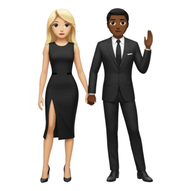 Blonde woman, black, Long, tight, sleveless Dress, Slot left Leg,man in suit sticker