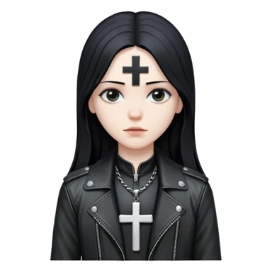 black metal inspired emoji with long hair, leather jacket, inverted cross sticker