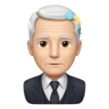 Elderly white man. Pale skin. Gray or white hair neatly combed back. Clean-shaven face with wrinkles around the eyes and mouth. Calm, steady eyes. Wears a collared shirt, tie, vest, and dark suit jacket visible from the chest up. sticker