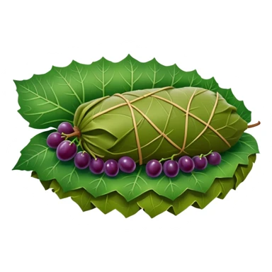 single Turkish dolma wrapped in grape leaf, cut open to show rice filling sticker