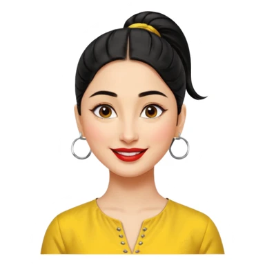 generate a pretty bratz emoji that looks like Kareena Kapoor's Geet character. 
Make her wear a yellow kurti, silver hoops, black hair in a ponytail. smiling big

She should look like Kareena Kapoor sticker