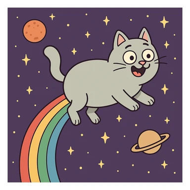 flat toon style flying cat pooping rainbows in outer space with stars and planets sticker