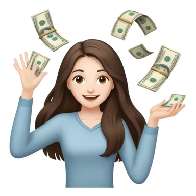 happy beautiful pale brunette girl with long hair throwing money sticker