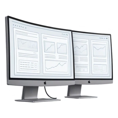 Create an emoji for UX/UI design. Show two large curved monitors side by side, displaying wireframe sketches or design mockups with interface elements like buttons, sliders, and icons. Use modern, professional colors. Do not include any emojis or smiley faces. Make the background transparent. sticker