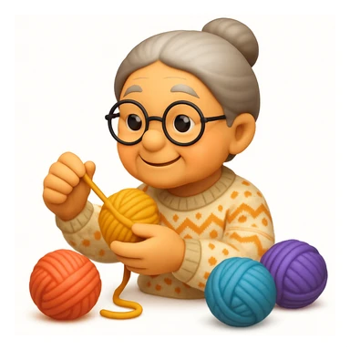 A 3D emoji in iOS emoji aesthetic style of a kind elderly woman winding yarn with both hands, soft and cheerful expression, wearing a patterned sweater, surrounded by balls of colorful wool, clean white background, warm and cozy design sticker