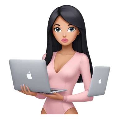 Glamours, tanned, very beautiful girl, with big pump peach-beige-rose lips, black straight smooth silky long hair, straight parting, blue-grey eyes, in light-pink bodysuit holding MacBook sticker