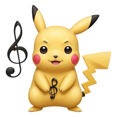 cute Pikachu Pokémon, flat style, soft rounded face, bold expressive eyes, vibrant yellow and black colors, playful and cheerful, musical note accent, no 3D or shading sticker