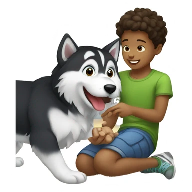 kid is playing with husky  sticker