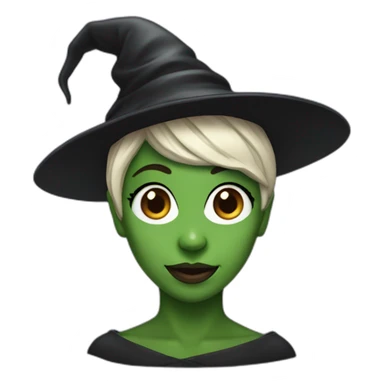Cynthia Erivo with green skin and a witch hat sticker