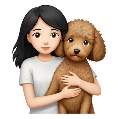 One girl with medium long black hair dressing white T-shirt, hugging One little brown coated labradoodle. sticker