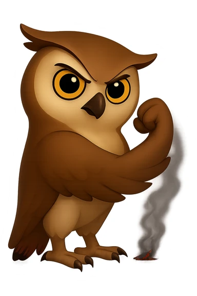 Точно такая же картинка и поза, только хвост совы слегка подгоревший и от него идет дымок, прозрачный фон sticker