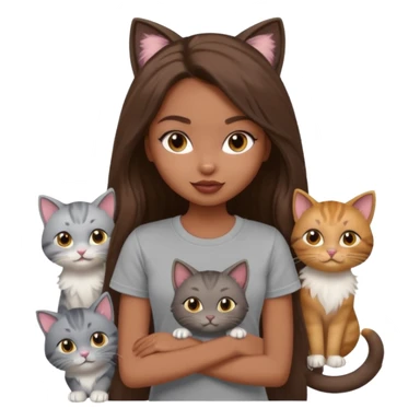 a pretty bratz dusky girl with long brown hair with six cats nd wearing a grey tshirt sticker