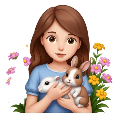 A beautiful brown-haired girl holding a little rabbit in the flowers sticker