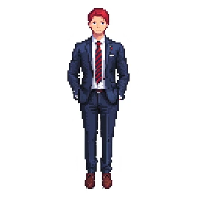 man wearing a dark blue-gray business suit with black horizontal stripes on the arms and legs, white shirt and red tie sticker