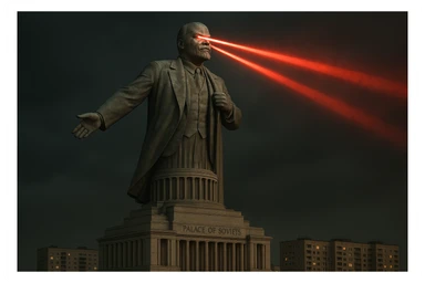 Дворец Советов, основной упор на 100-метровую фигуру Ленина, у которой из глаз вылетают 2 луча прожектора красного цвета.

На фоне можно поставить обычные пятиэтажки-панельки, которые в 20 раз меньше Дворца Советов

Стиль фото реализм sticker