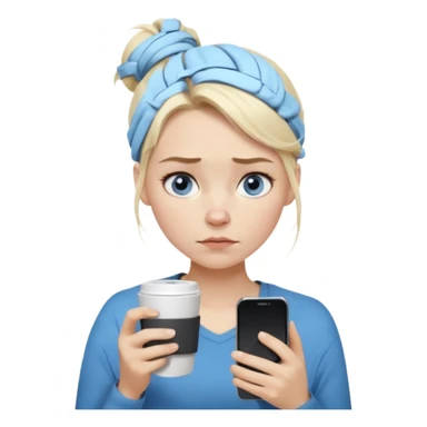 Cartoon emoji of a Scandinavian-looking woman with light blonde hair, pale skin, blue eyes. Portrait mode. Messy bun, tired eyes, tense face. Holding phone and coffee, rushed posture. Clearly busy, overwhelmed, slightly miserable. Smooth, simple, stylized sticker