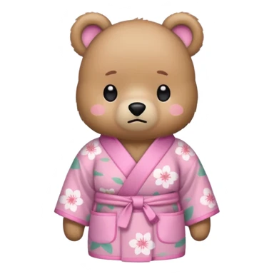 A cute light-brown bear wearing a pastel pink sakura-patterned kimono, normal balanced body ratio.  
Pulling out both empty pockets with a sad and embarrassed expression, small sigh lines.  
Kawaii emoji style, minimalistic clean sticker illustration, white background. sticker