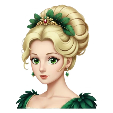 lady with Pale complexion, sharp features, high cheekbones, Blonde hair, green eyes, Regency-era elaborate updo, voluminous hairstyle, feathered ornaments sticker