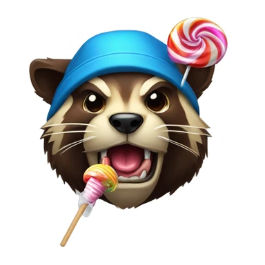 Wolverine animal licking a lolipop with a multicolored propeller hat sticker