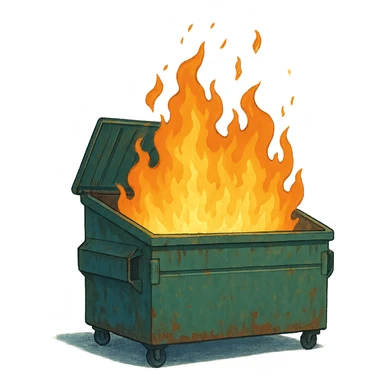 a dumpster, no lid, the lid is open, on fire sticker