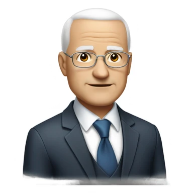 Man about 60 years old, bald with white hair only on the sides, large napia, with a very round face, small eyes, double chin and wearing a suit sticker