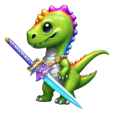 Lisa frank glitter rainbow cute dinosaur with sword and pearls sticker