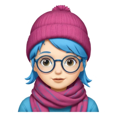 A shy blue straight hair woman with big round glasses and thick scarf and a beanie, blushing from the cold. sticker