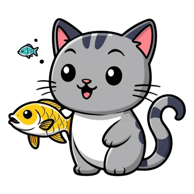 cat with fish in mouth cartoon style sticker