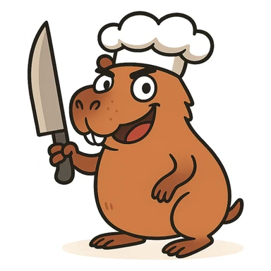 Add a playful and cute chef hat to the cartoon capybara holding a knife, keeping the overall style playful and cute. sticker